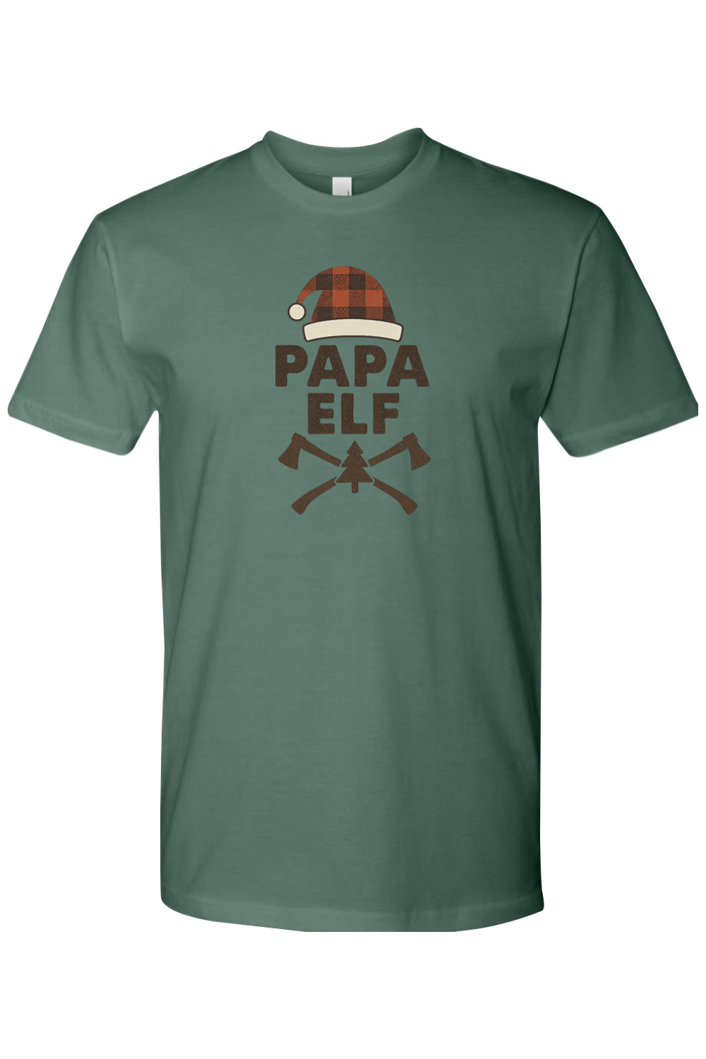 Pine green Christmas t-shirt with "Papa Elf" text with a plaid elf hat and pine tree and axe design festive men's holiday short sleeve shirt