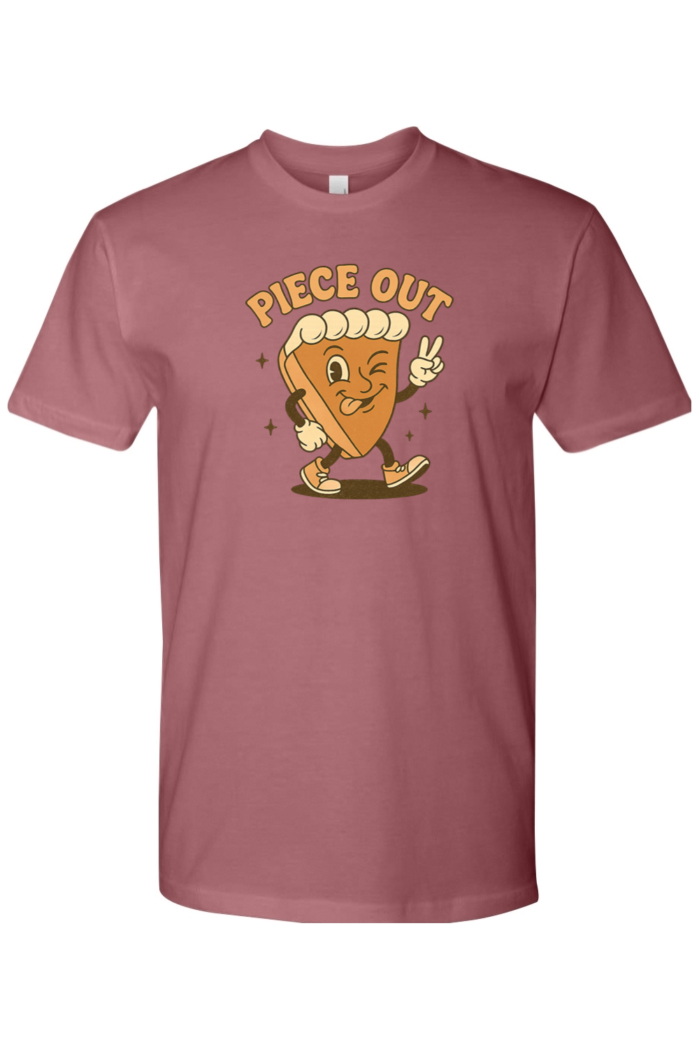 Mauve dark pink Thanksgiving t-shirt with "Piece Out" text and a slice of pie winking and giving a peace sign cool retro trendy fall holiday short sleeve shirt