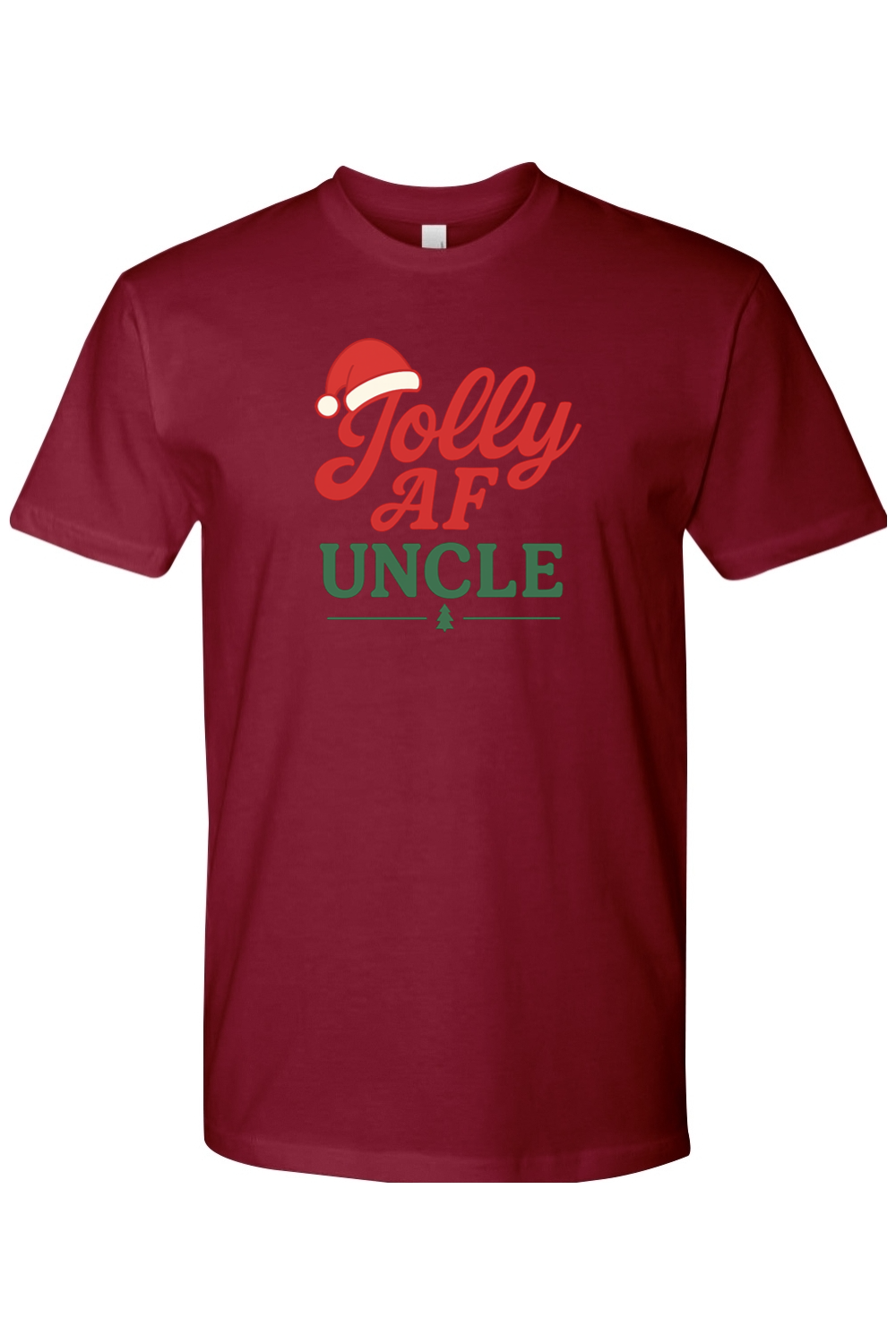 Burgundy Christmas t-shirt with "Jolly AF Uncle" text with a Santa hat and Christmas tree design funny holiday humor short sleeve shirt
