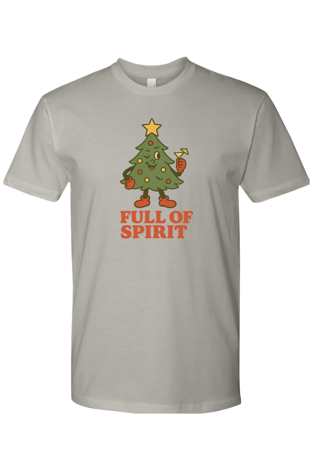 Gray vintage Christmas t-shirt with "Full of Spirit" text with a Christmas tree holding a cocktail funny cute holiday humor short sleeve shirt