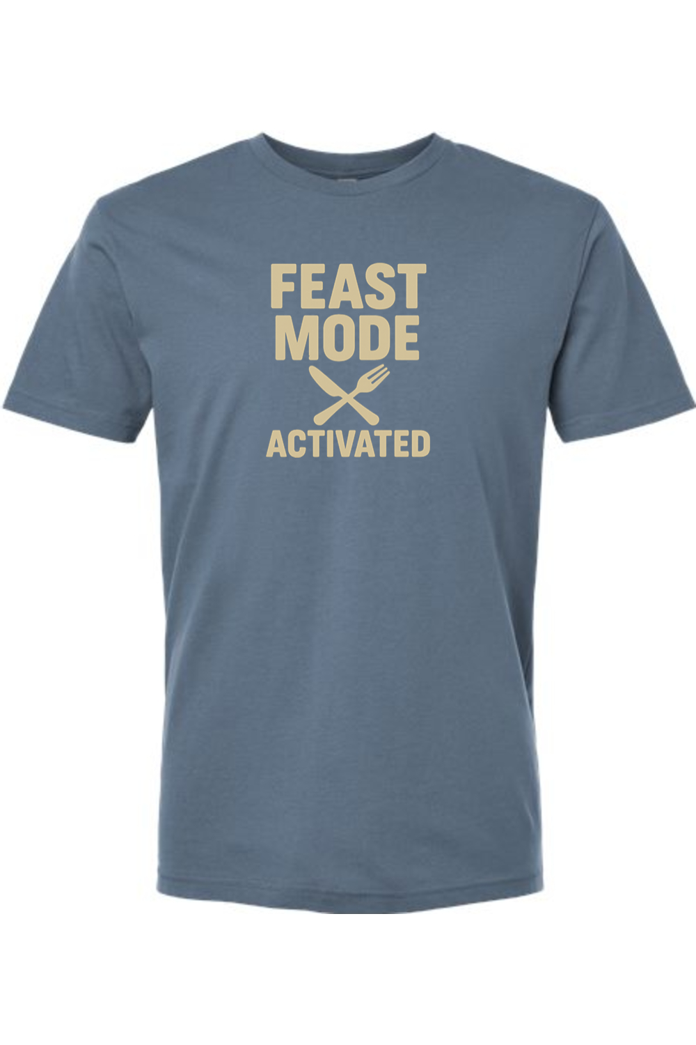Blue Thanksgiving t-shirt with "Feast Mode Activated" text and a fork and knife design funny humor fall holiday short sleeve shirt