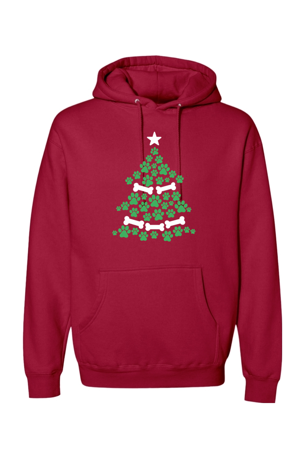 Red Christmas hoodie with a Christmas tree design made out of paw prints and bones cute dog pet animal lover long sleeve hooded sweatshirt