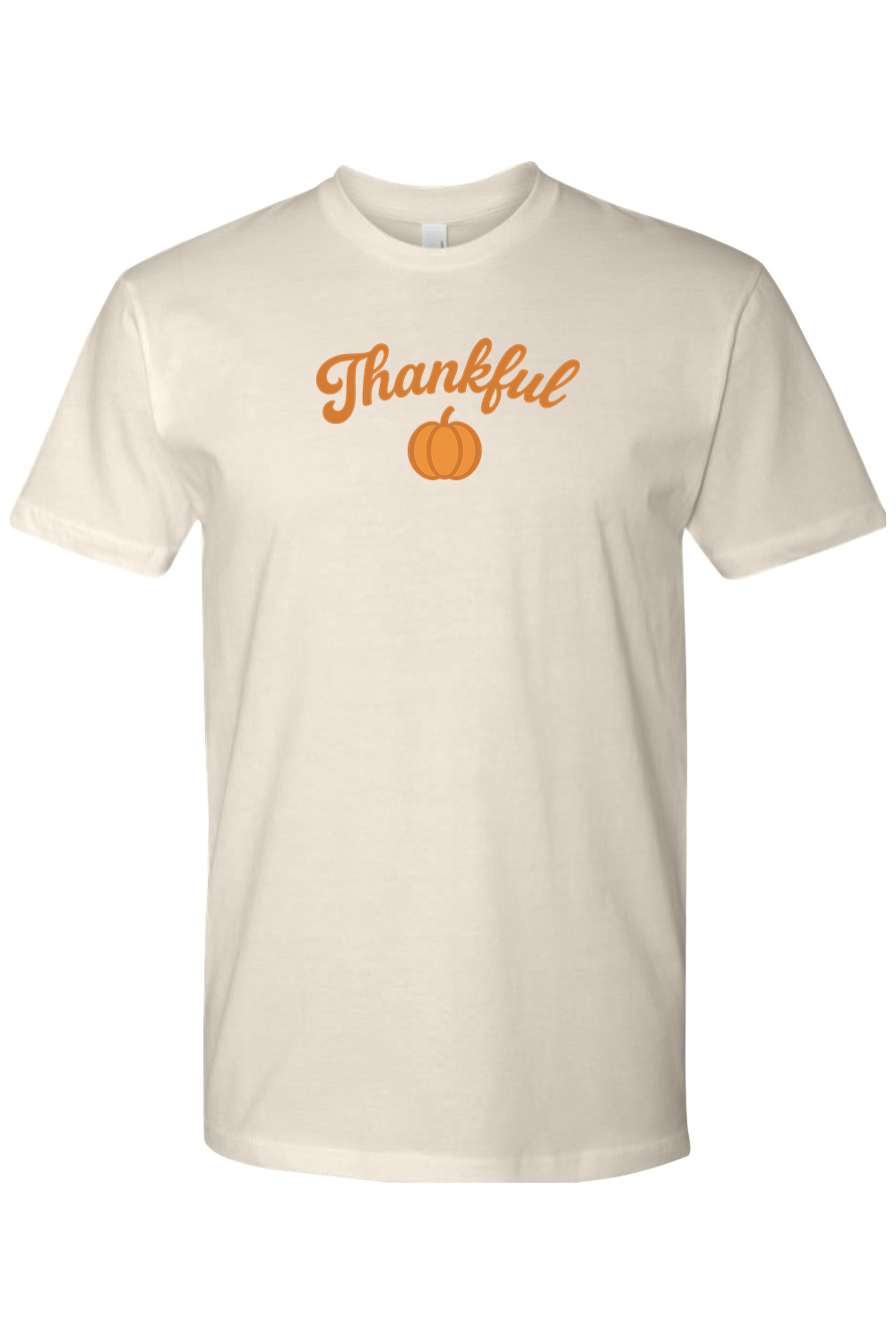 Cream beige Thanksgiving t-shirt with "Thankful" text and a pumpkin design simple cute trendy fall holiday short sleeve shirt