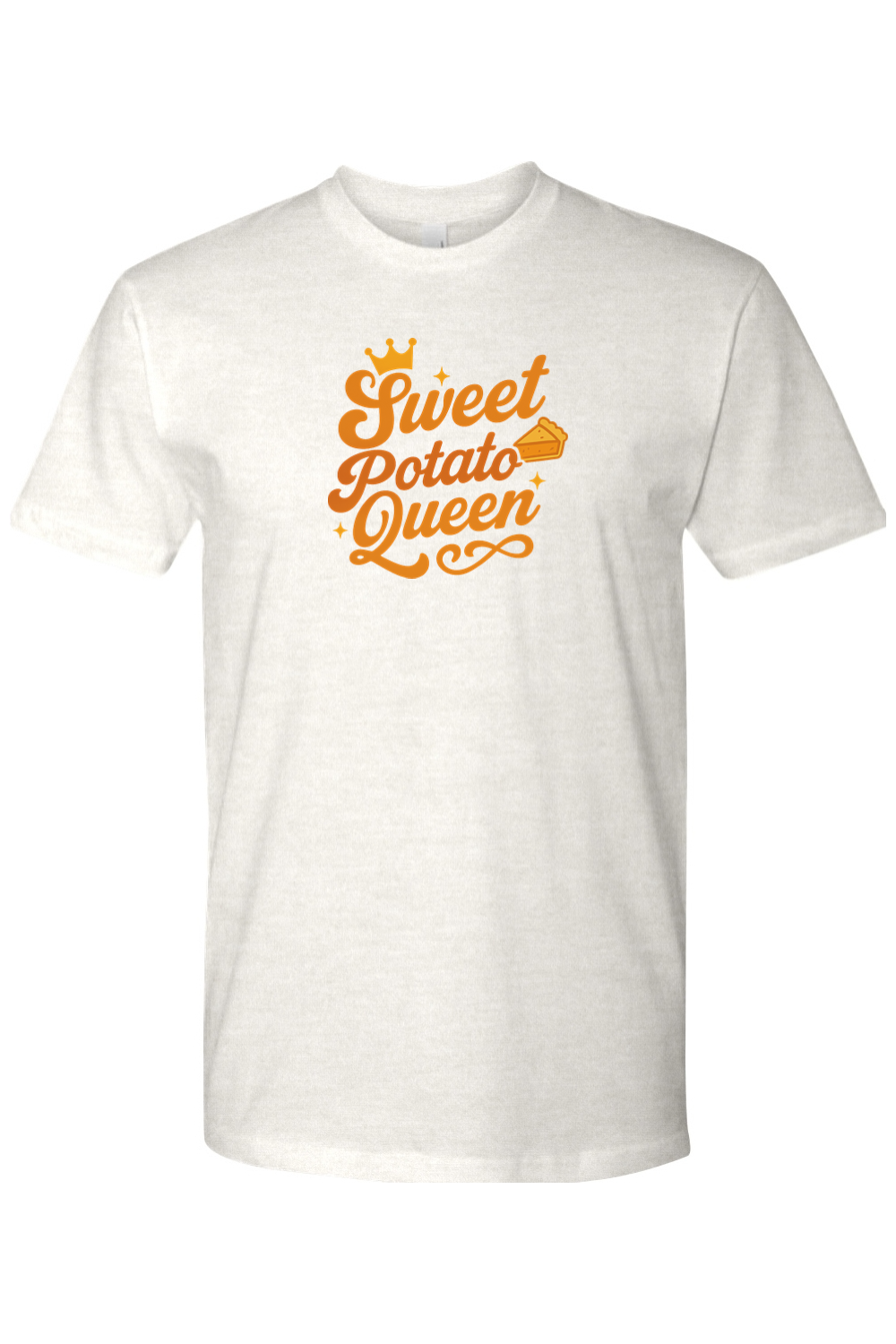 Light cream Thanksgiving t-shirt with Sweet Potato Queen" text with a crown and pie slice design cute girly southern trendy fall holiday short sleeve shirt