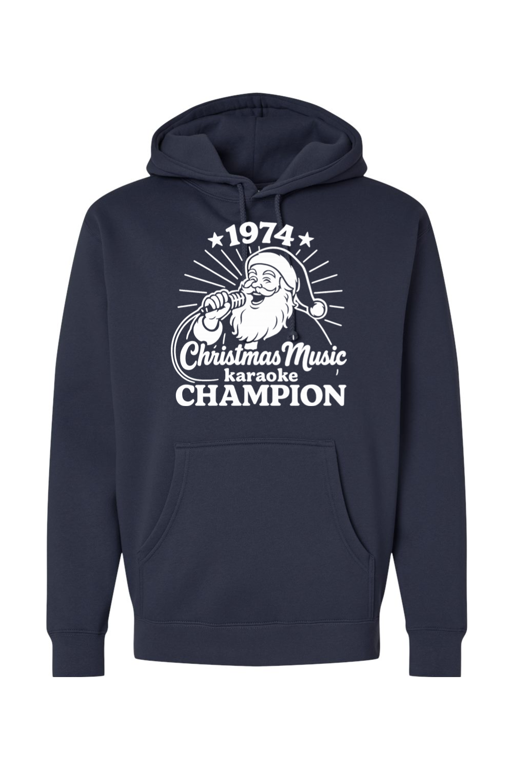 Navy blue Christmas hoodie with "1974 Christmas Music Karaoke Champion" text in white with Santa singing design funny holiday humor long sleeve hooded sweatshirt