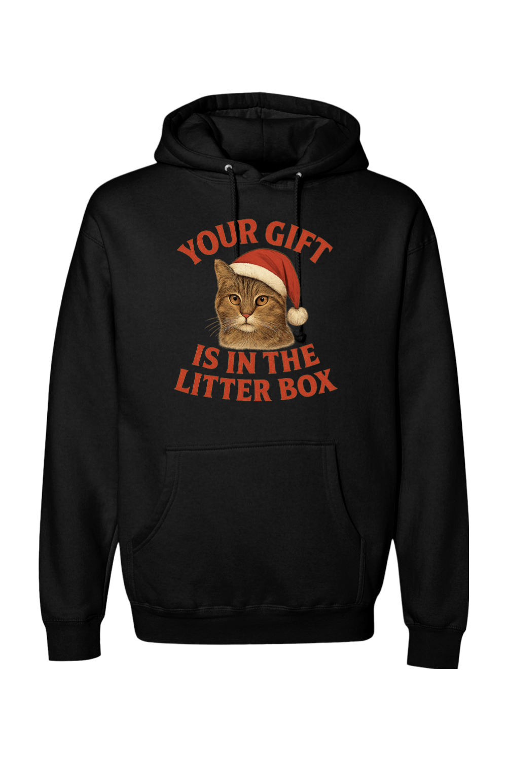 Black Christmas hoodie with "Your Gift is in the Litter Box" text in red with a cat wearing a Santa hat design funny sarcastic holiday humor long sleeve hooded sweatshirt