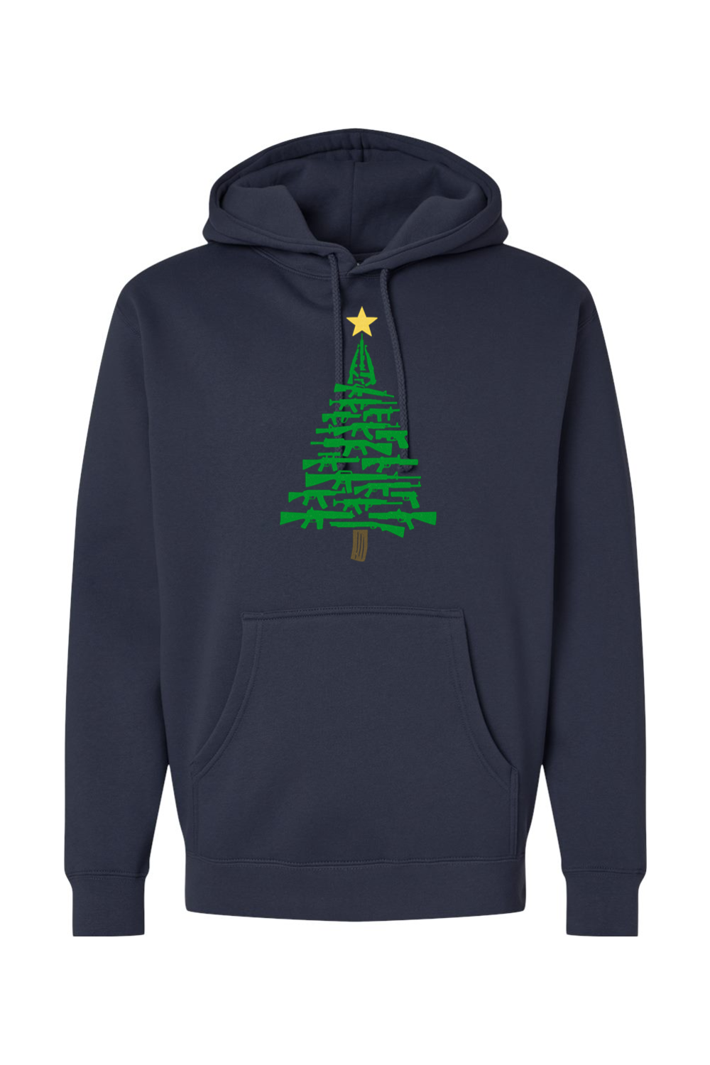 Navy blue Christmas hoodie with a Christmas tree design made out of rifles cool tactical men's holiday long sleeve hooded sweatshirt