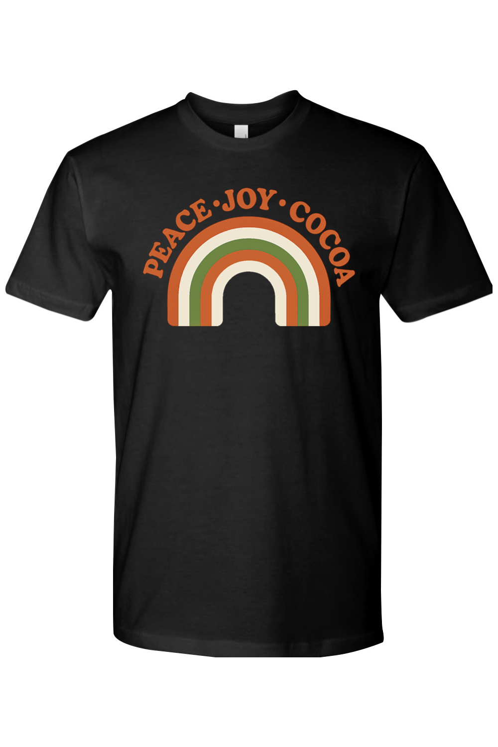 Black vintage Christmas t-shirt with "Peace Joy Cocoa" text and a retro rainbow design cool trendy holiday short sleeve shirt