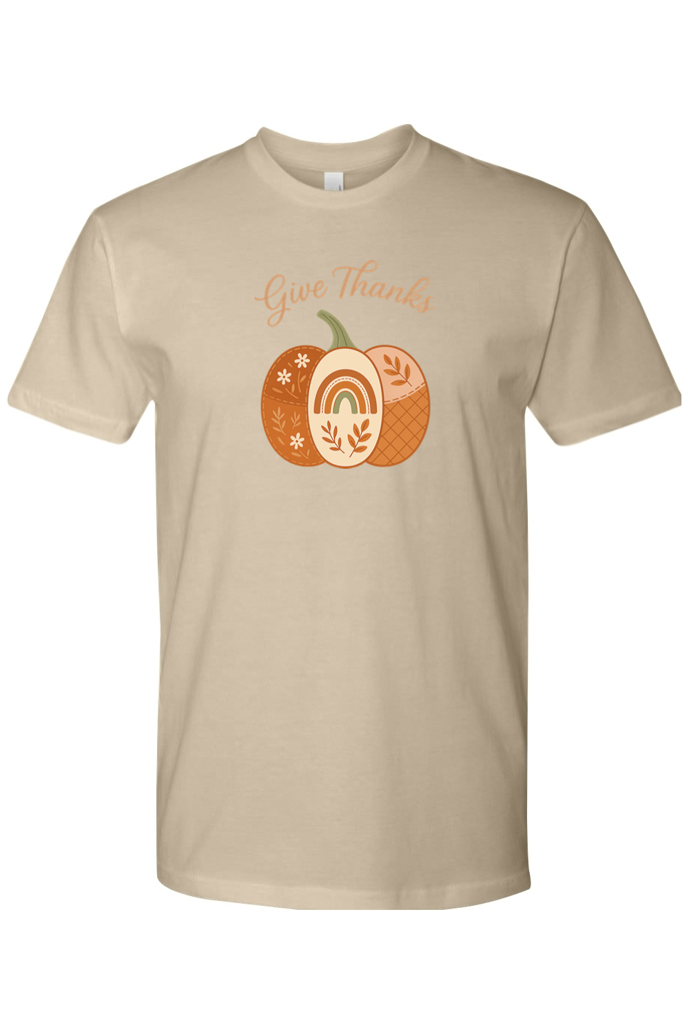 Dark sand beige Thanksgiving t-shirt with "Give Thanks" text and a patchwork floral leaves rainbow pumpkin design cute vintage trendy fall holiday short sleeve shirt