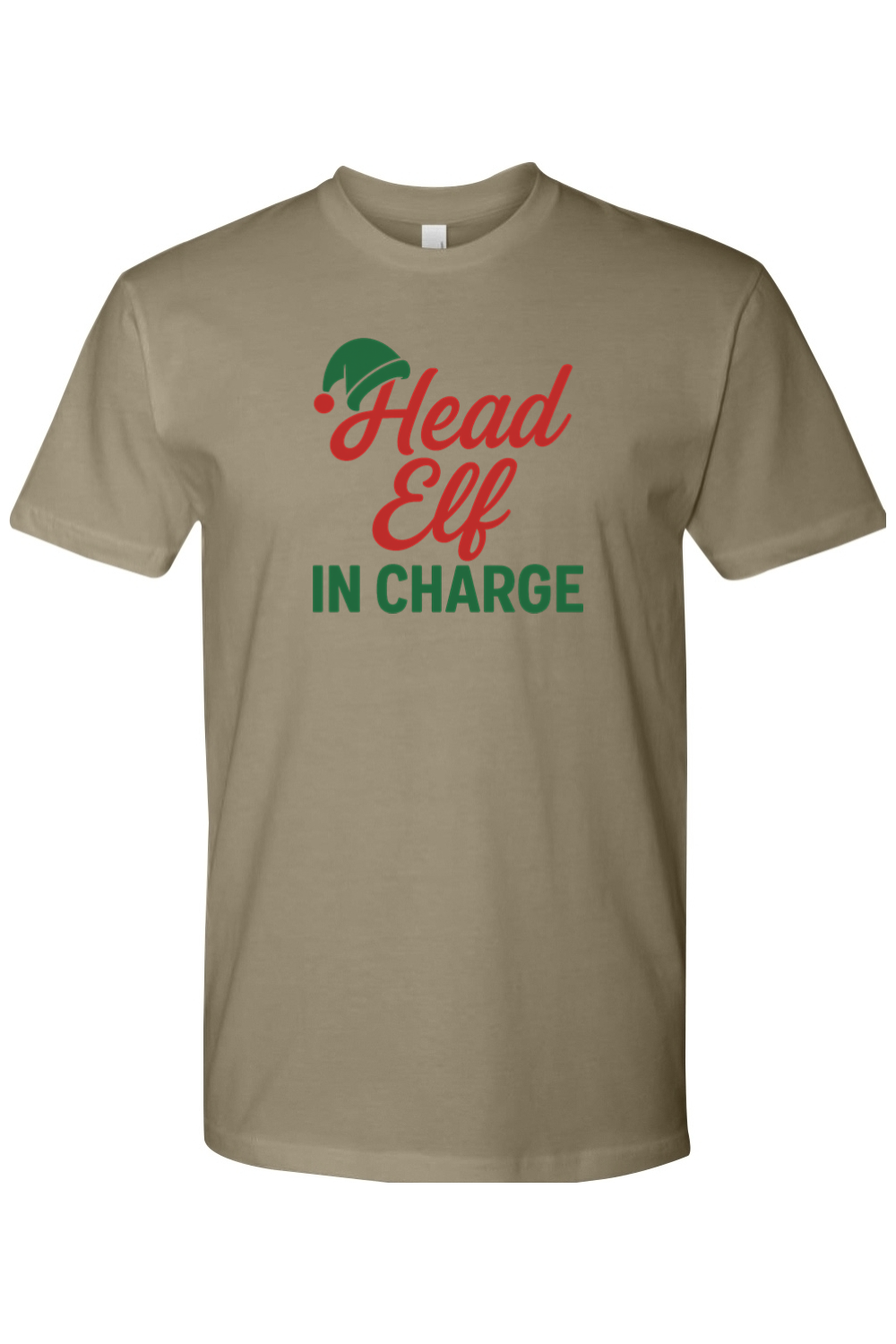 Olive green Christmas t-shirt with "Head Elf in Charge" text with an elf hat sitting on top of the H funny sarcastic holiday humor short sleeve shirt