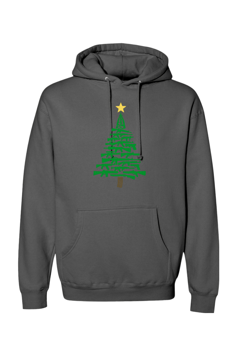 Dark gray Christmas hoodie with a Christmas tree design made out of rifles cool tactical men's holiday long sleeve hooded sweatshirt