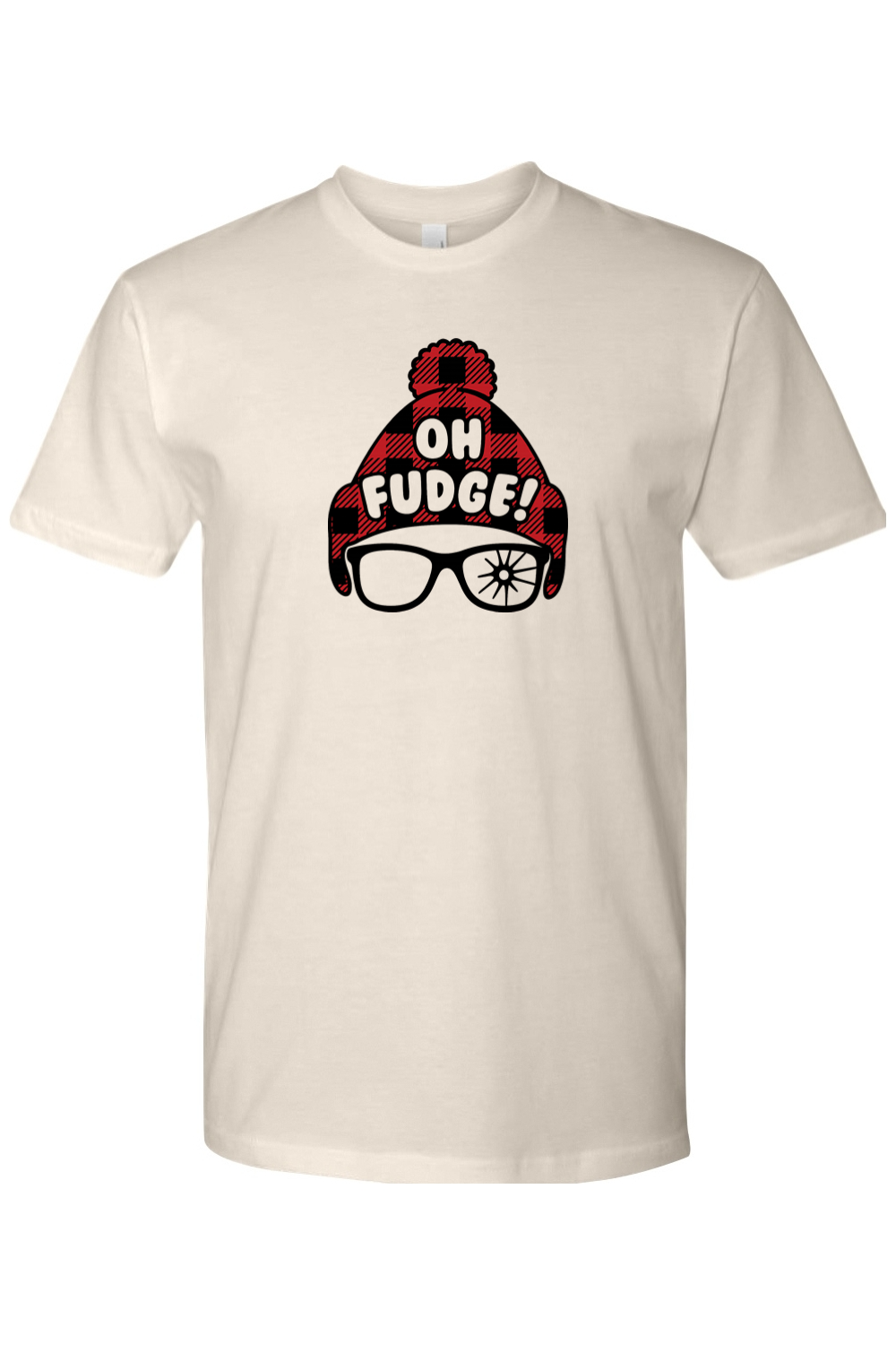Beige cream Christmas t-shirt with "Oh Fudge!" text and a plaid hat and broken glasses design funny holiday humor short sleeve shirt