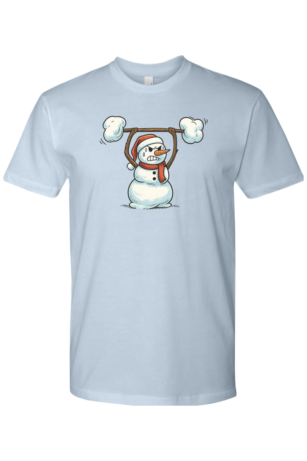 Light blue Christmas t-shirt with a snowman lifting a snow barbell design funny gym humor festive holiday short sleeve shirt