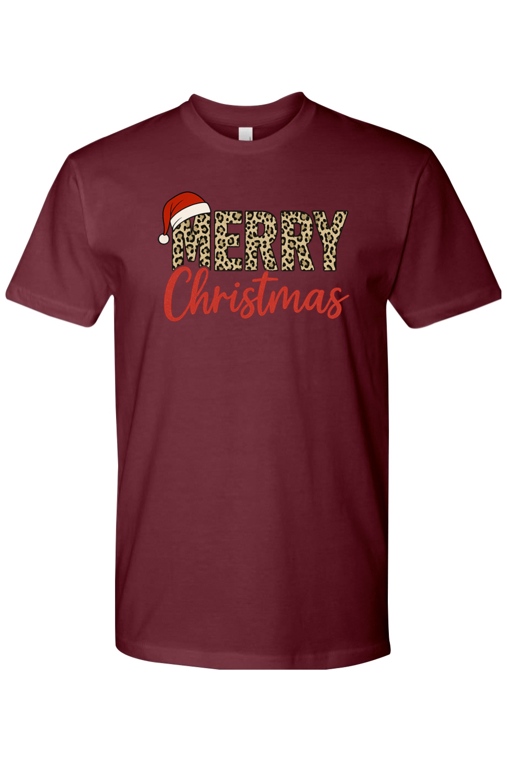 Maroon Christmas t-shirt with "Merry Christmas" text in leopard print and red with a Santa hat design cute trendy festive holiday short sleeve shirt
