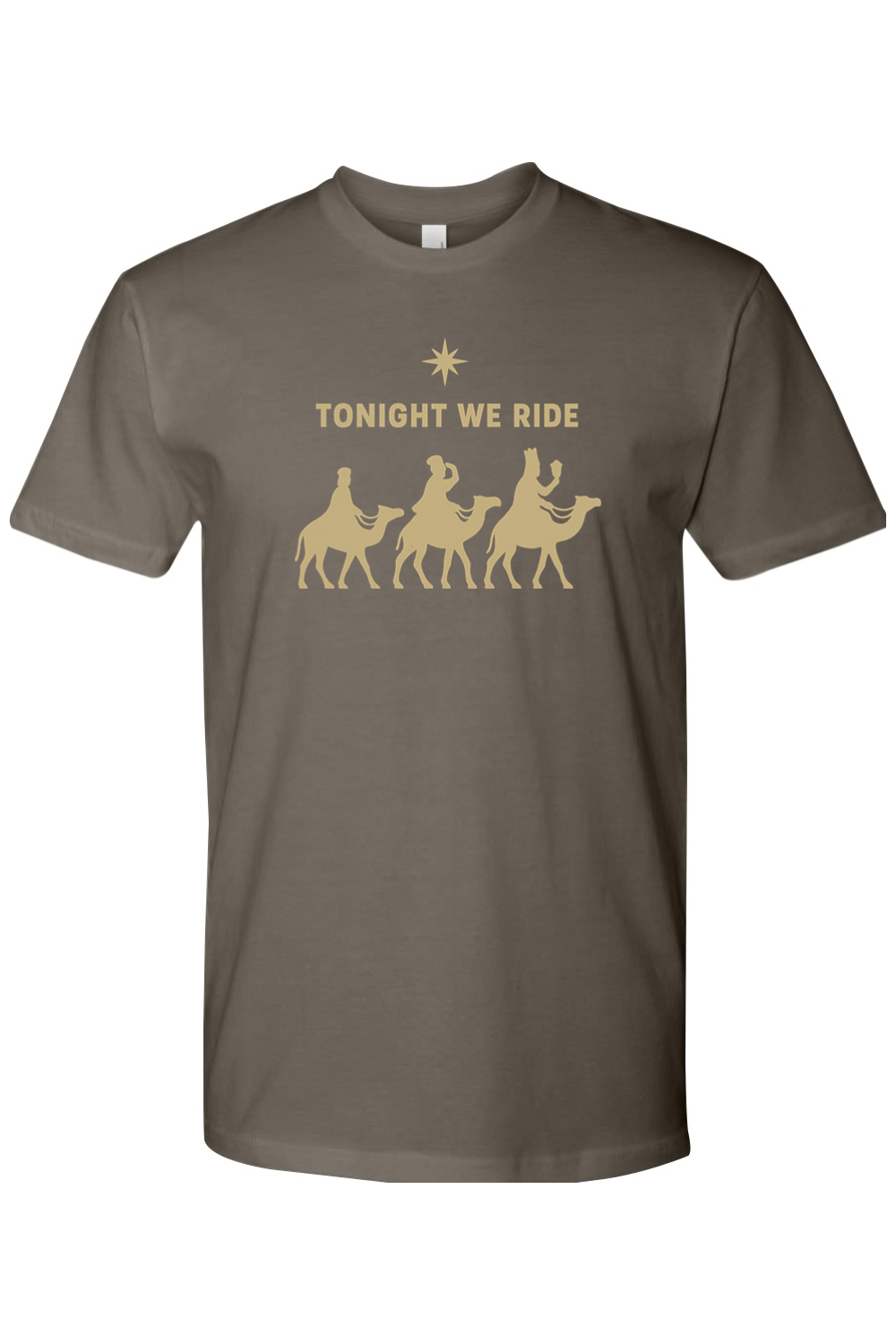 Gray religious Christmas t-shirt with "Tonight We Ride" text and three wise men riding camels and a star design Jesus God Christian holiday short sleeve shirt