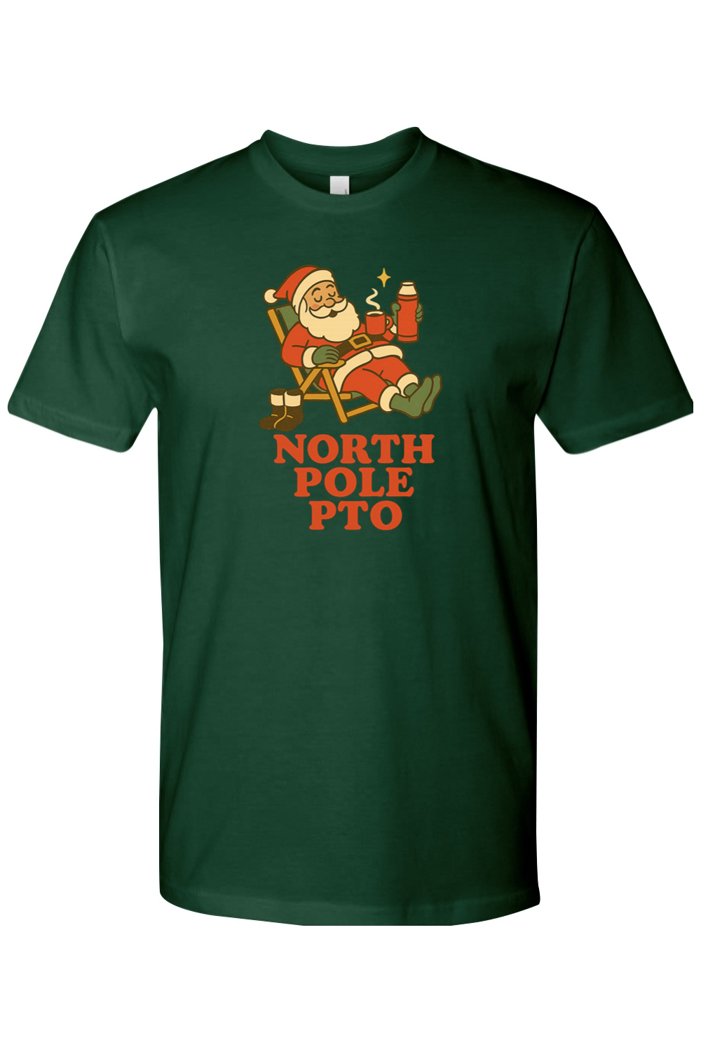 Dark green vintage Christmas t-shirt with "North Pole PTO" text and Santa relaxing on a reclining chair with hot cocoa design funny holiday humor short sleeve shirt