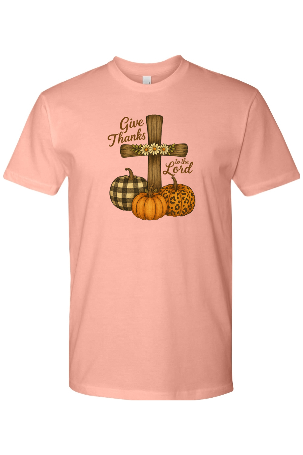 Pink Thanksgiving t-shirt with "Give Thanks to the Lord" text with flower cross and plaid leopard print pumpkins design cute trendy Jesus Christian fall short sleeve shirt