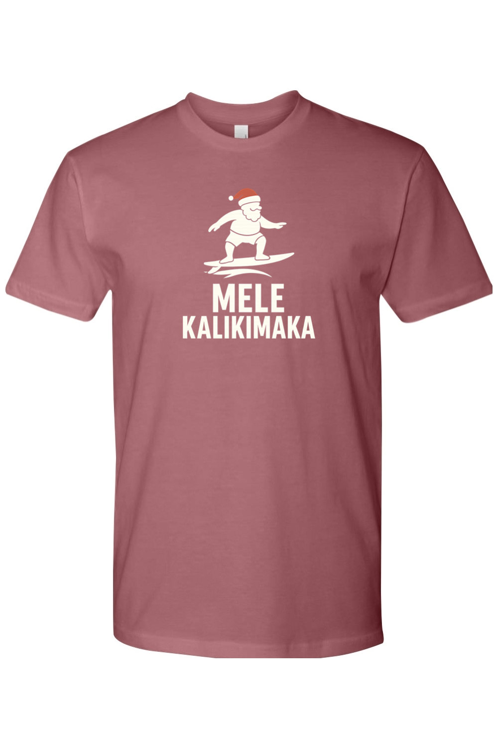 Mauve dark pink Christmas t-shirt with Santa surfing and "Mele Kalikimaka" text funny Hawaiian Christmas surf holiday short sleeve shirt