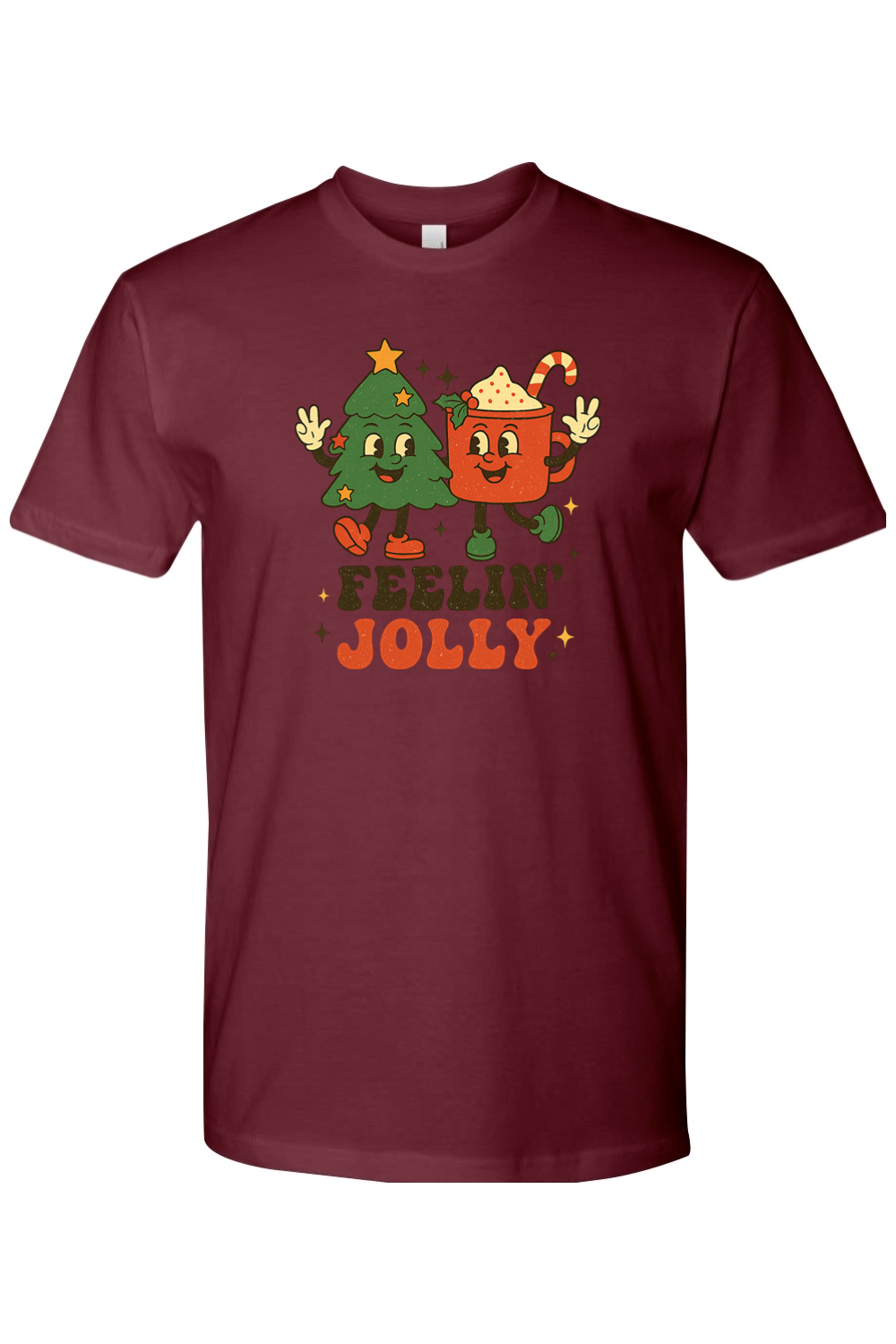 Maroon Feeling Jolly text with retro Christmas Tree and Hot Cocoa design t-shirt cute trendy holiday short sleeve shirt