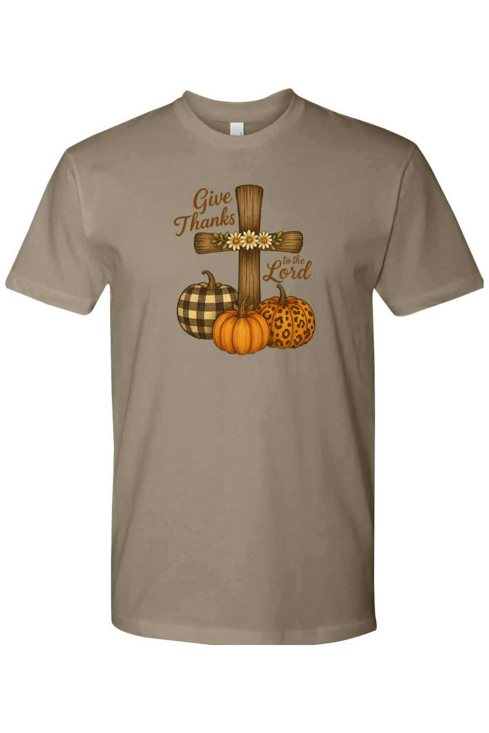 Light olive green Thanksgiving t-shirt with "Give Thanks to the Lord" text with flower cross and plaid leopard print pumpkins design cute trendy Jesus Christian fall short sleeve shirt