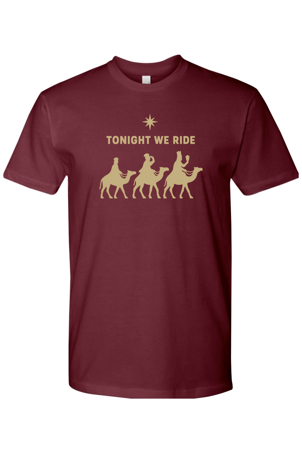 Maroon religious Christmas t-shirt with "Tonight We Ride" text and three wise men riding camels and a star design Jesus God Christian holiday short sleeve shirt