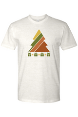 Light cream vintage Christmas t-shirt with a retro striped Christmas tree and presents underneath design cool trendy holiday short sleeve shirt