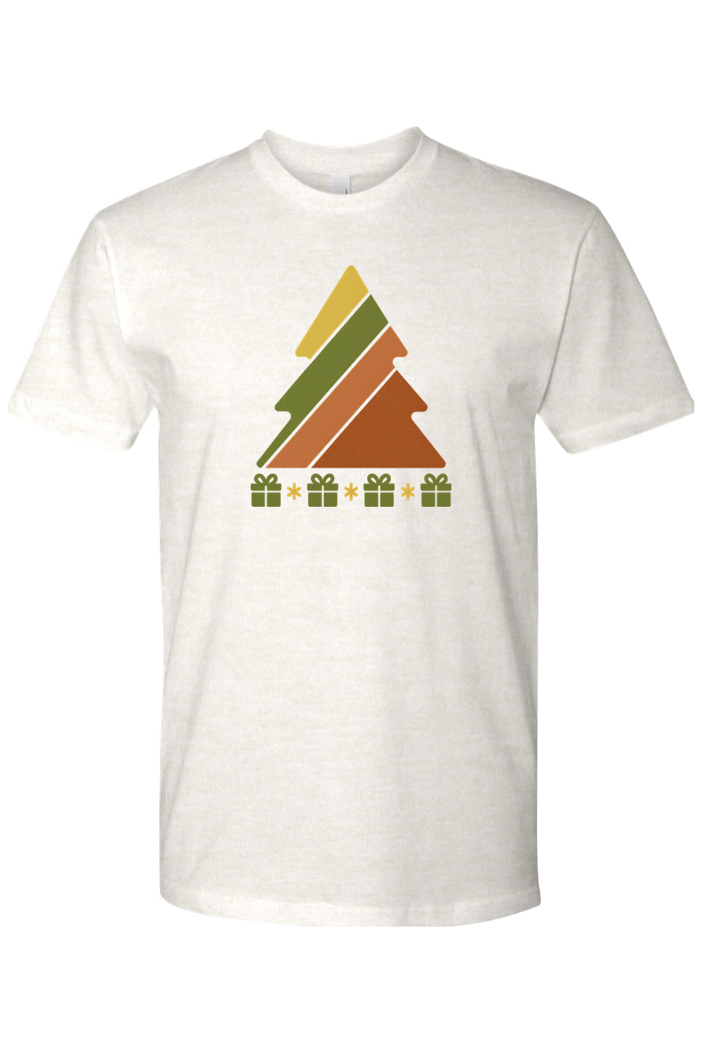 Light cream vintage Christmas t-shirt with a retro striped Christmas tree and presents underneath design cool trendy holiday short sleeve shirt