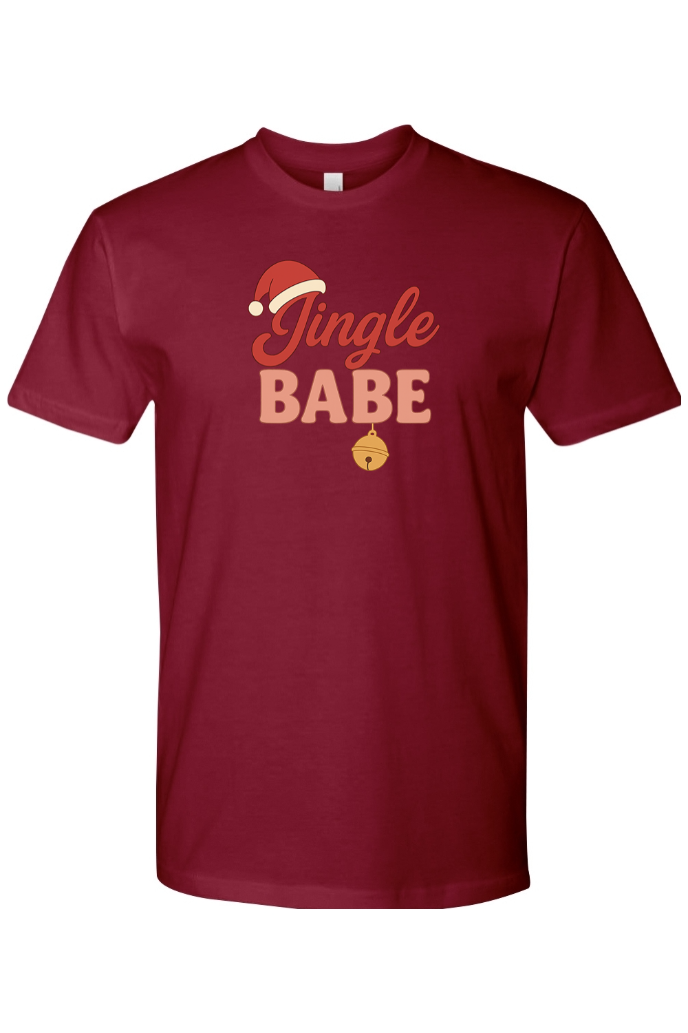 Burgundy Christmas t-shirt with "Jingle Babe" text and a Santa hat bell design cute girly festive holiday short sleeve shirt