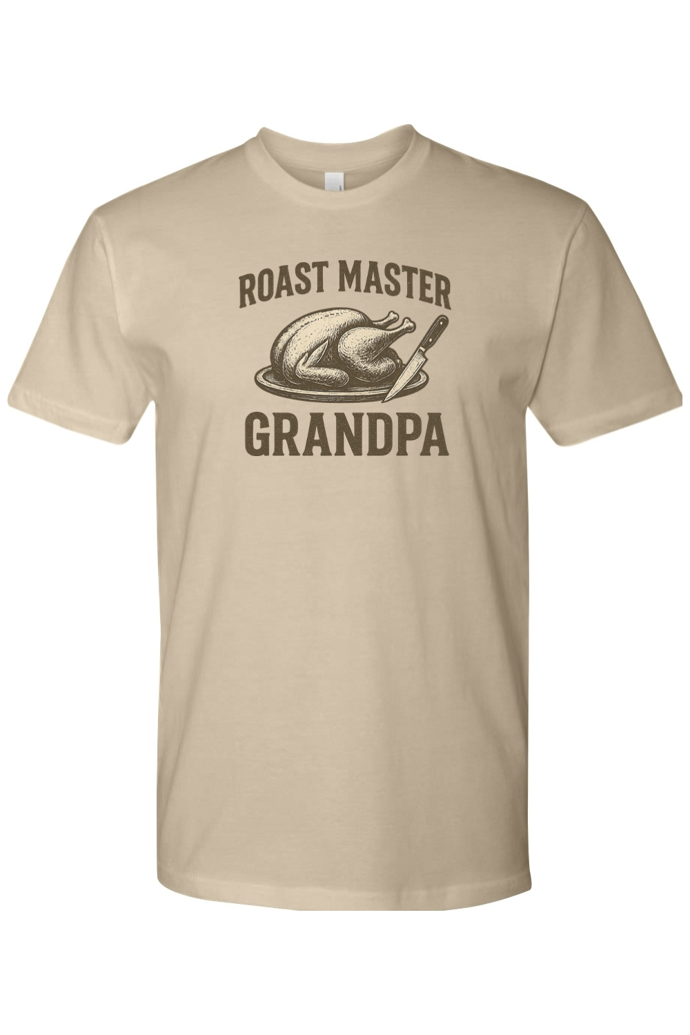 Sand dark beige Thanksgiving t-shirt with "Roast Master Grandpa" text with a turkey design grandparent funny fall holiday short sleeve shirt