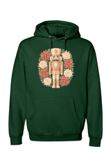 Dark green Christmas hoodie with a poinsettia nutcracker wreath design trendy cute holiday long sleeve hooded sweatshirt