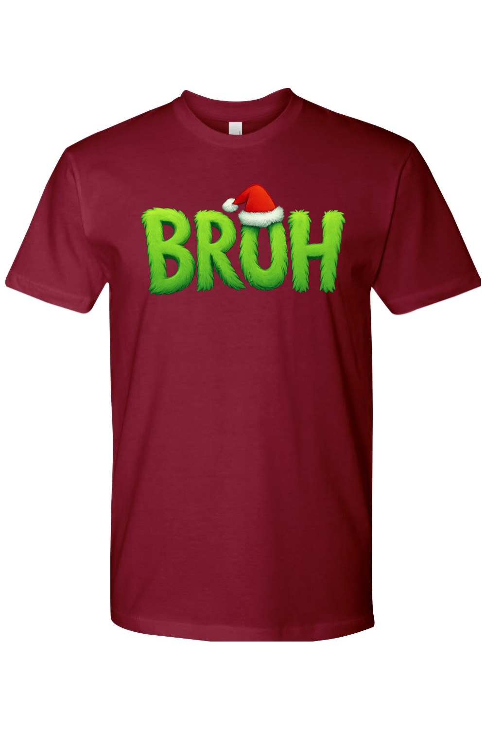Burgundy Christmas t-shirt with "BRUH" text with a Santa hat design funny holiday humor short sleeve shirt