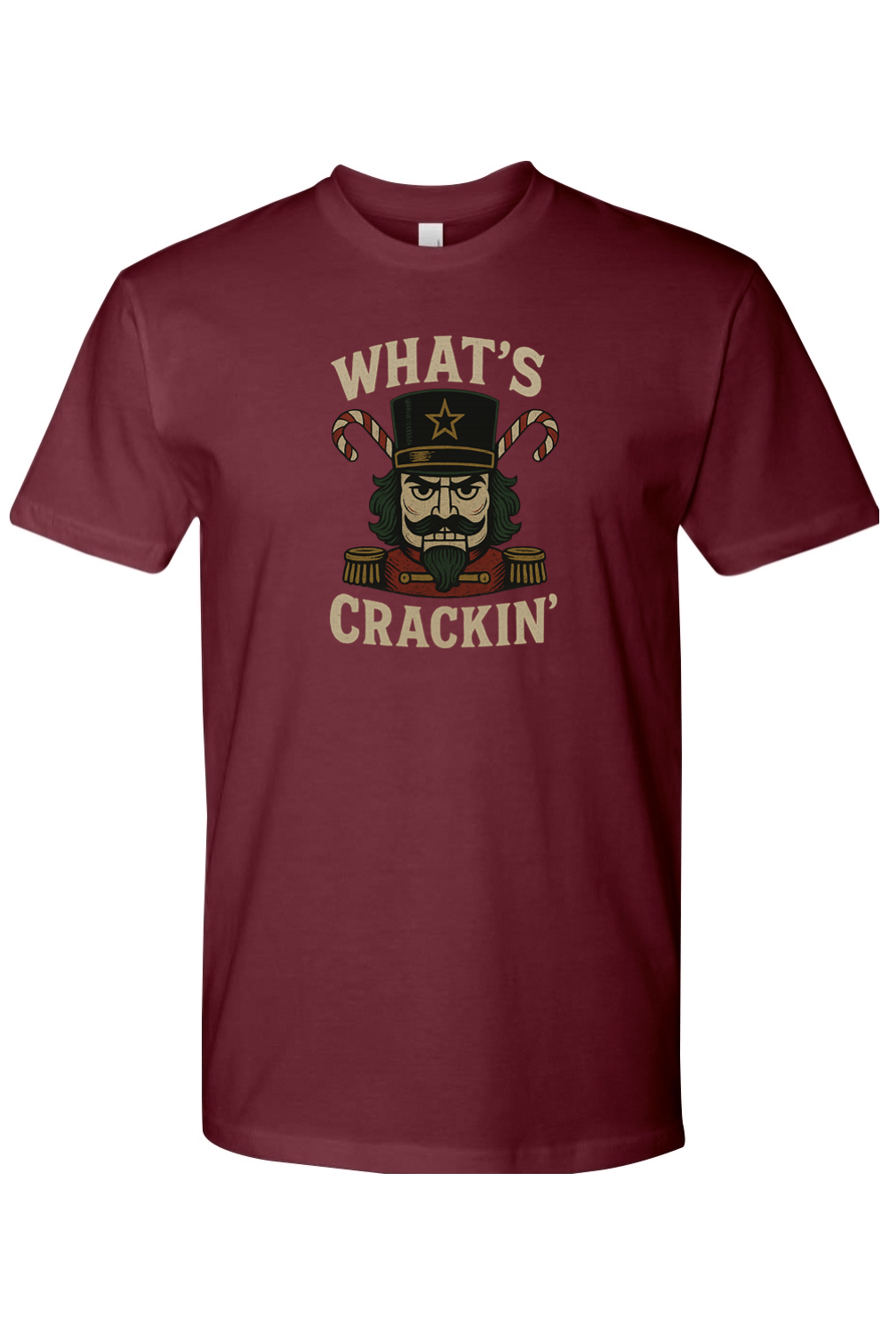Maroon Christmas t-shirt with "What's Crackin'" text and a masculine nutcracker candy cane design funny manly holiday humor short sleeve shirt