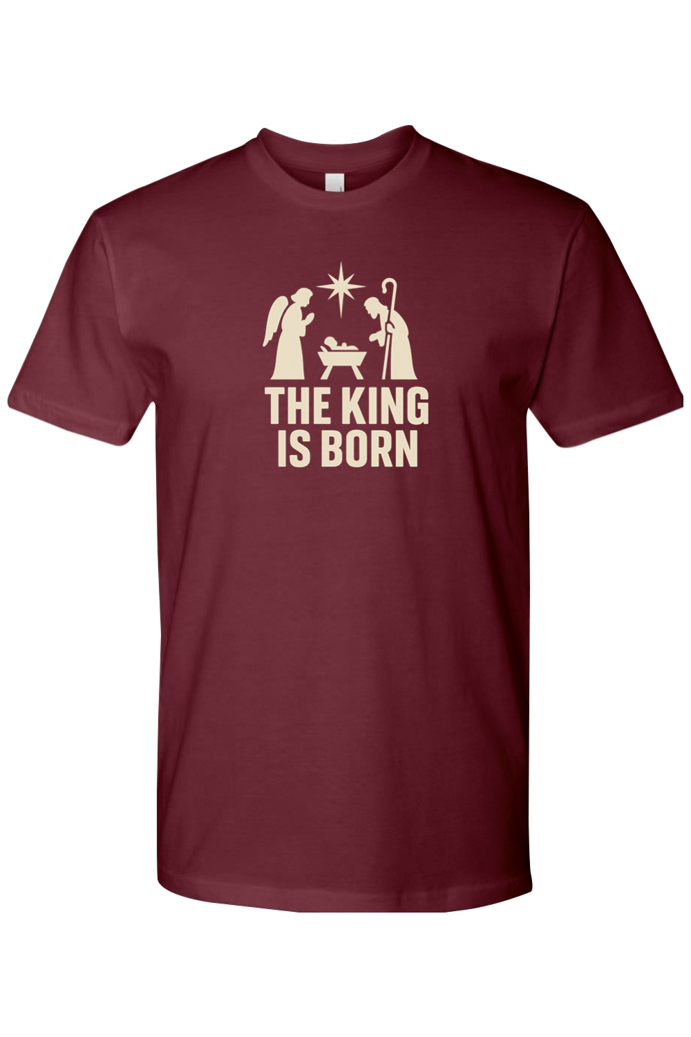 Maroon religious Christmas t-shirt with "The King is Born" text and an angel and shepherd with baby Jesus in a manager and star design God Christian holiday short sleeve shirt
