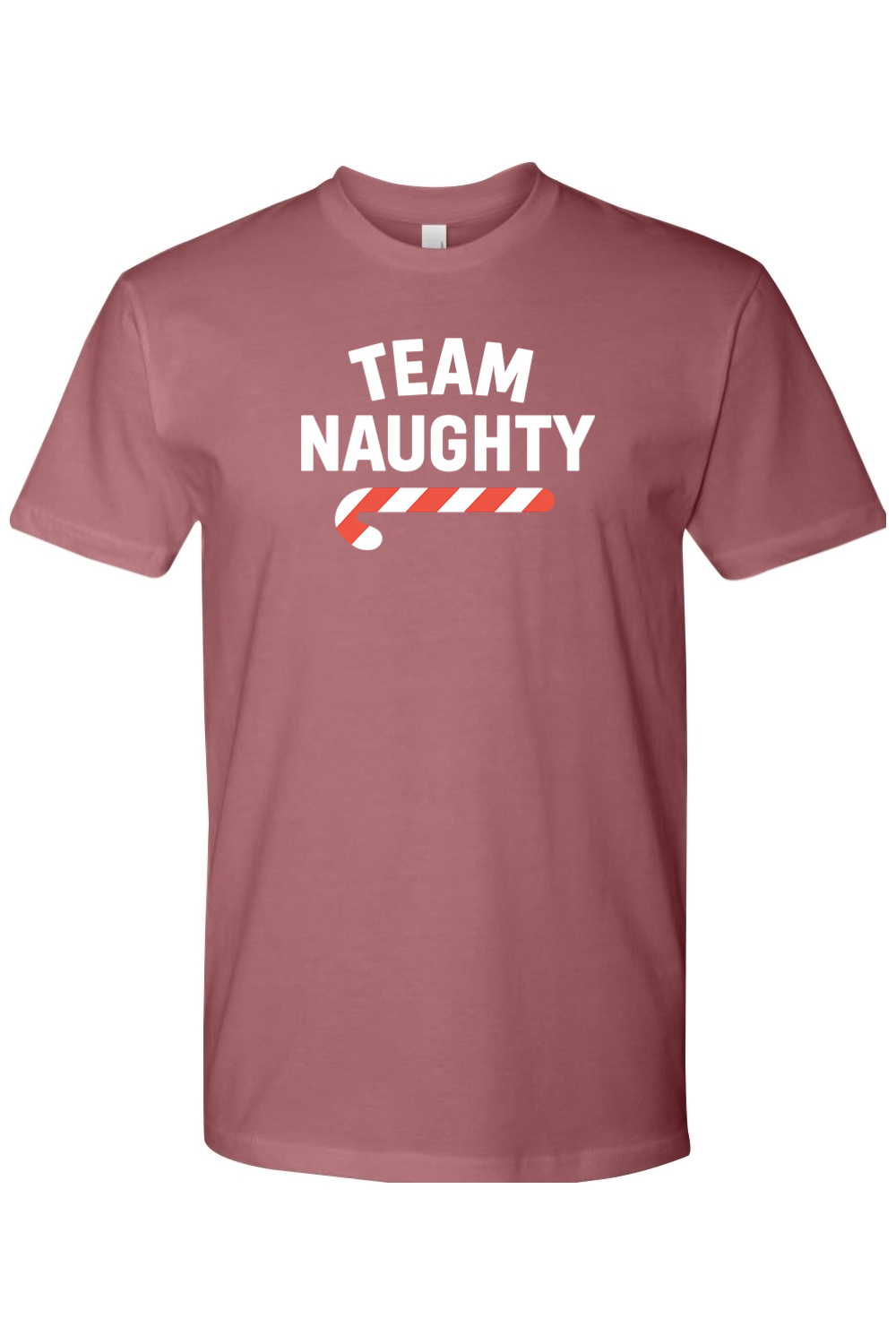 Mauve dark pink Christmas t-shirt with "Team Naughty" text in white with a candy cane design funny sarcastic humor holiday short sleeve shirt