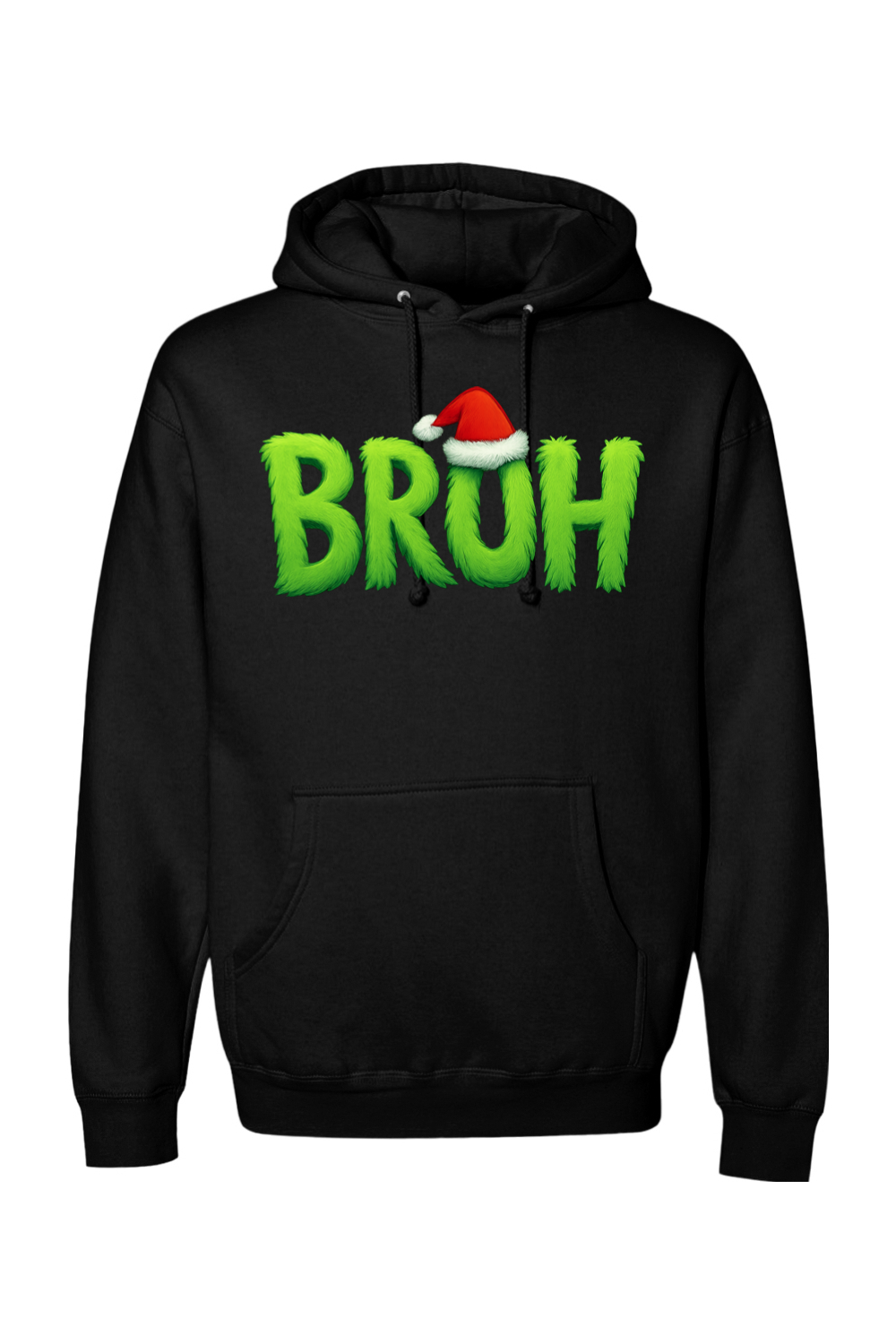 Black Christmas hoodie with "BRUH" text with a Santa hat design funny holiday humor long sleeve hooded sweatshirt
