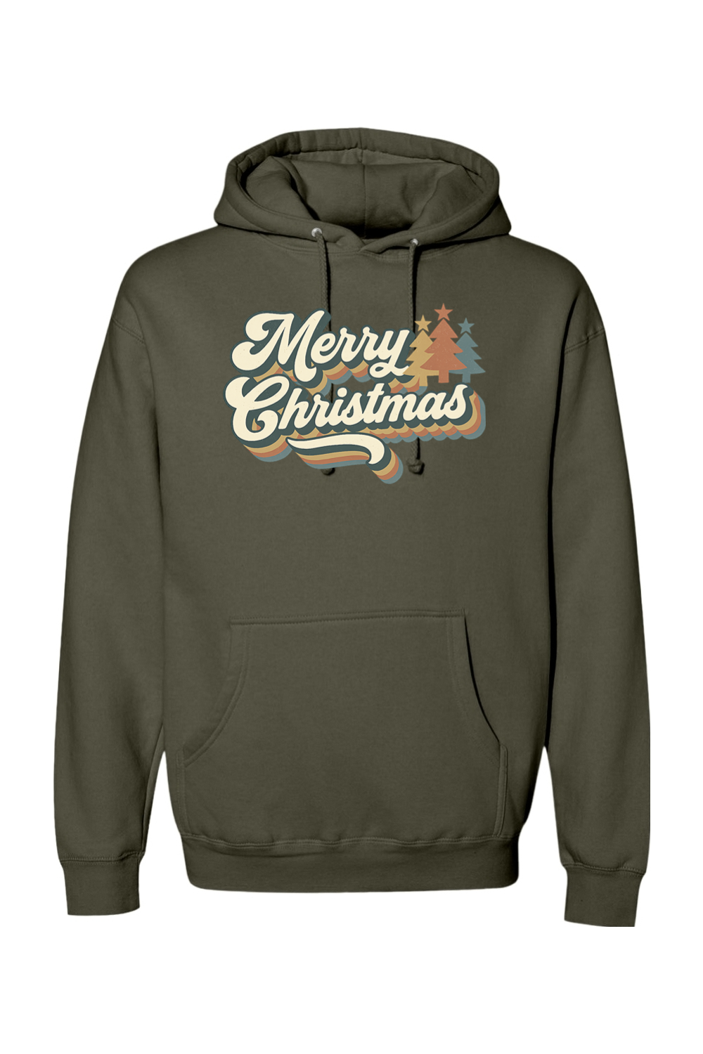 Olive green Christmas hoodie with "Merry Christmas" text in retro bubble font and Christmas trees design cute trendy festive holiday long sleeve hooded sweatshirt