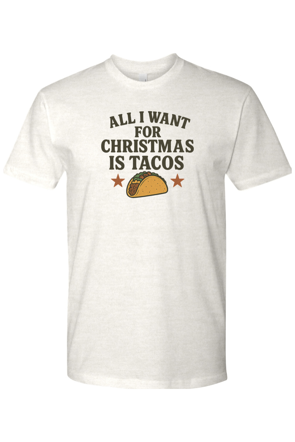Light beige Christmas t-shirt with "All I Want for Christmas is Tacos" text with taco and stars design funny humor festive holiday short sleeve shirt