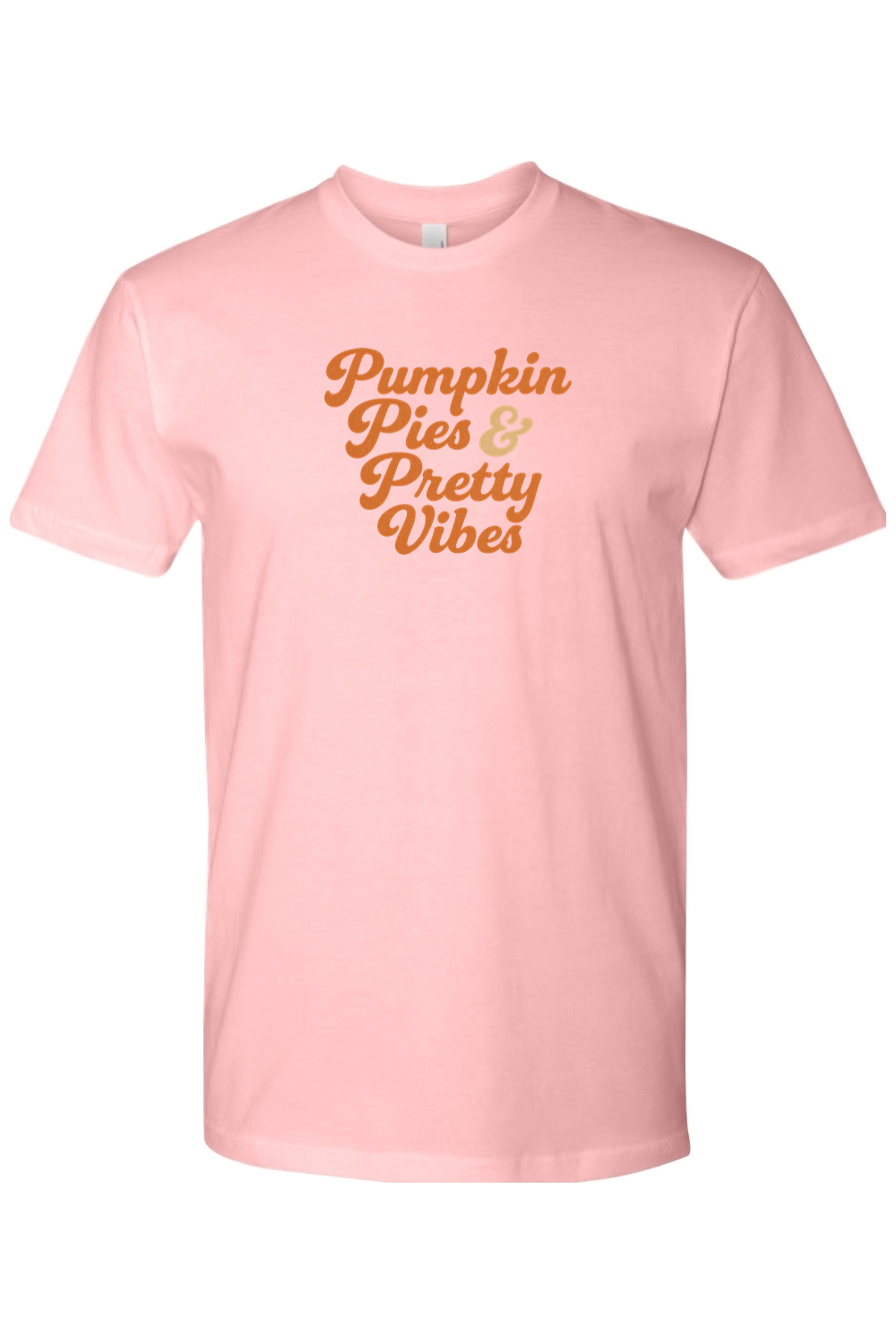 Light pink Thanksgiving t-shirt with "Pumpkin Pies & Pretty Vibes" text in a cursive font cute trendy fall holiday short sleeve shirt