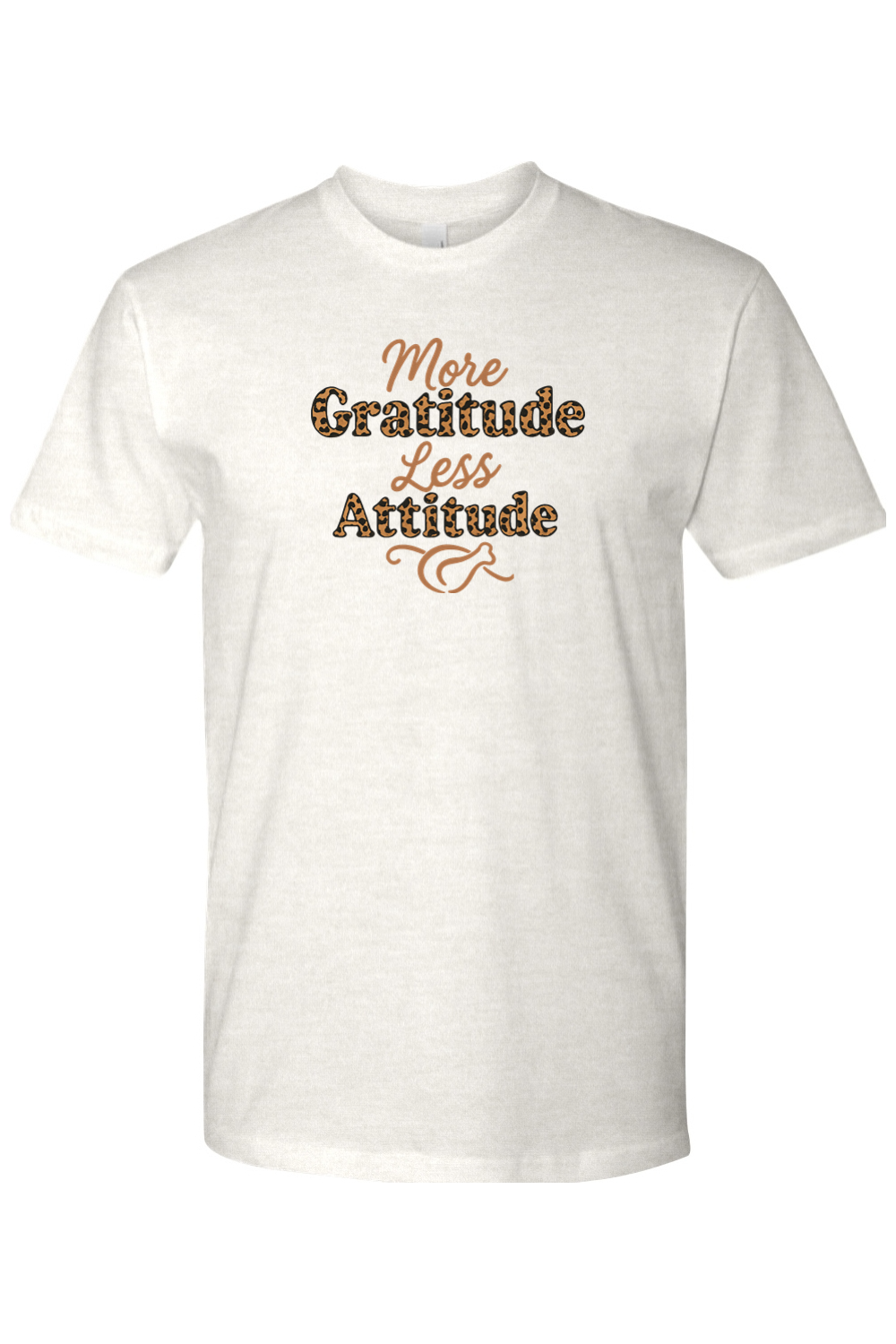 Light cream Thanksgiving t-shirt with "More Gratitude Less Attitude" text in leopard print with a turkey design underneath trendy girly fall holiday short sleeve shirt