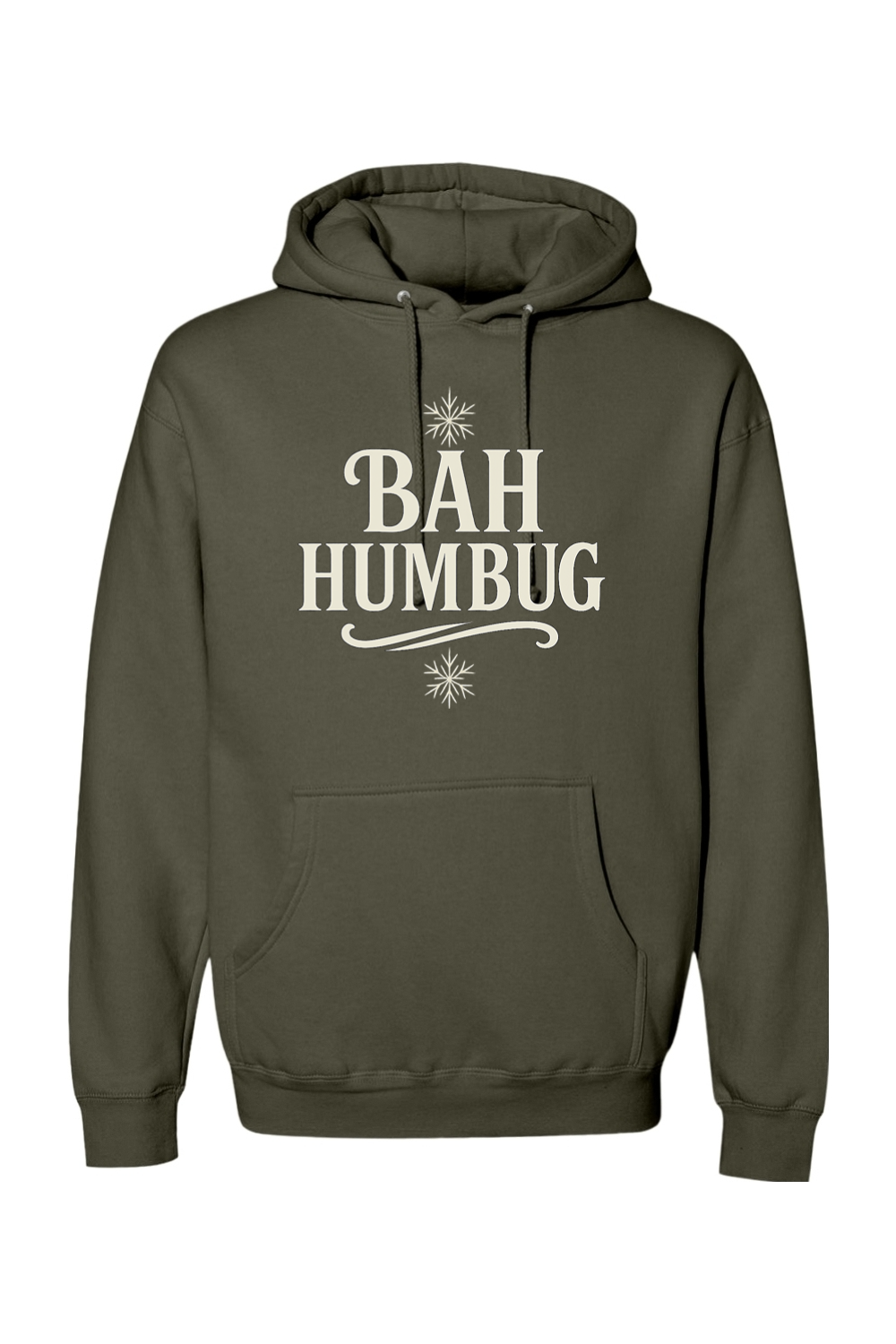 Olive green Christmas hoodie with "BAH HUMBUG" text and a snowflake design funny sarcastic holiday humor long sleeve hooded sweatshirt