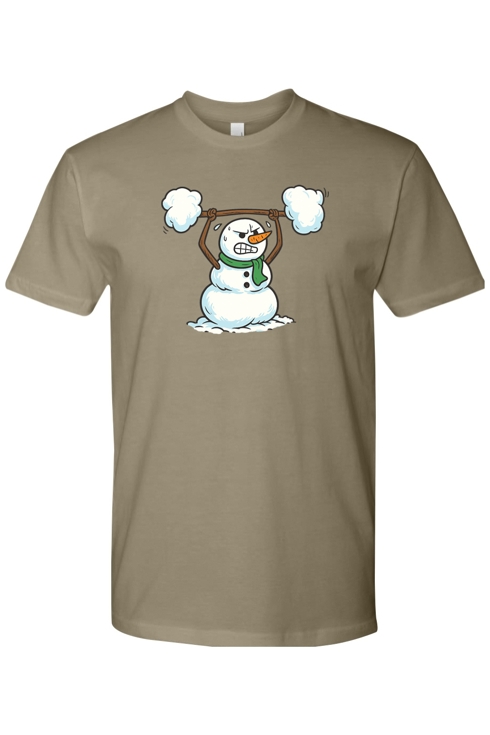 Olive green Christmas t-shirt with a snowman lifting a snow barbell design funny gym humor winter holiday short sleeve shirt