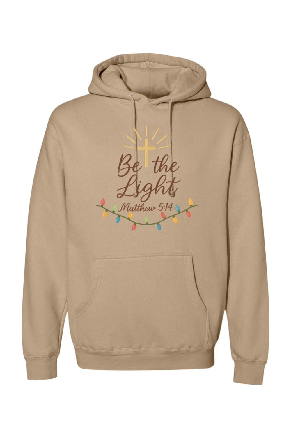 Dark beige Christmas hoodie with "Be the Light Matthew 5:14" text and a cross Christmas lights design cute trendy religious God Jesus Christian holiday long sleeve hooded sweatshirt