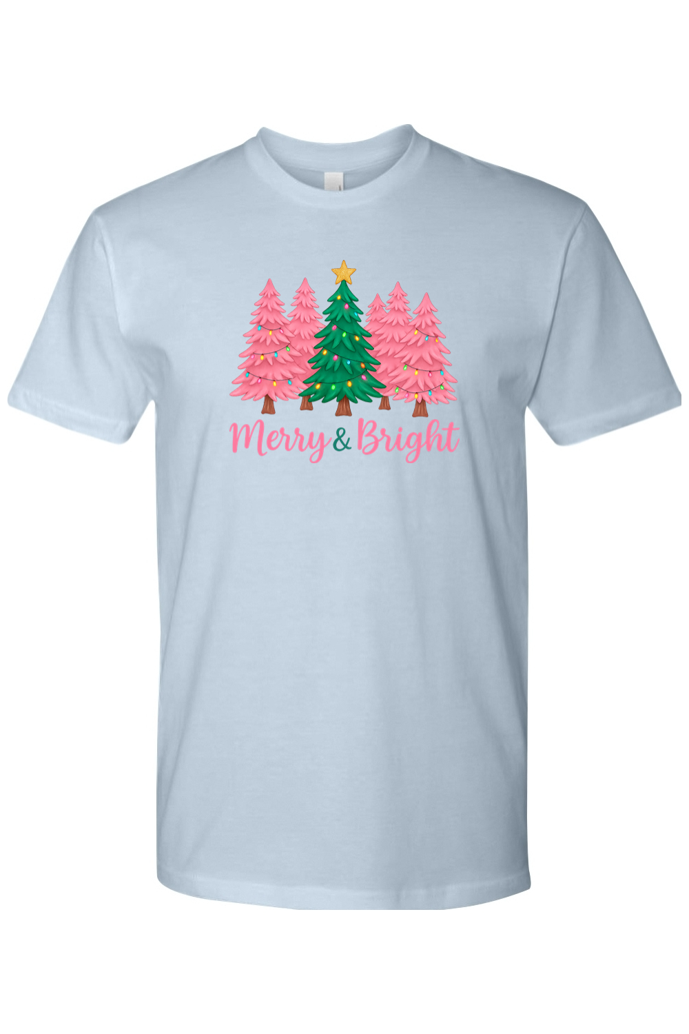 Light blue Christmas t-shirt with pink and green Christmas trees design with text "Merry & Bright" cute trendy festive holiday short sleeve shirt
