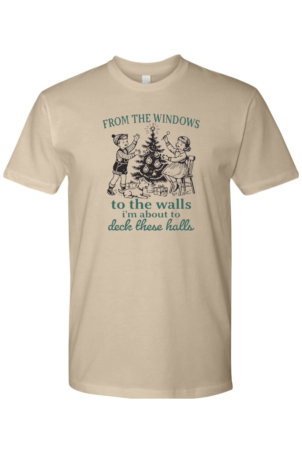 Dark cream Christmas t-shirt with "From The Windows To The Walls I'm About To Deck These Halls" text in green with a vintage boy, girl, and dog decorating a Christmas tree design funny humor holiday short sleeve shirt