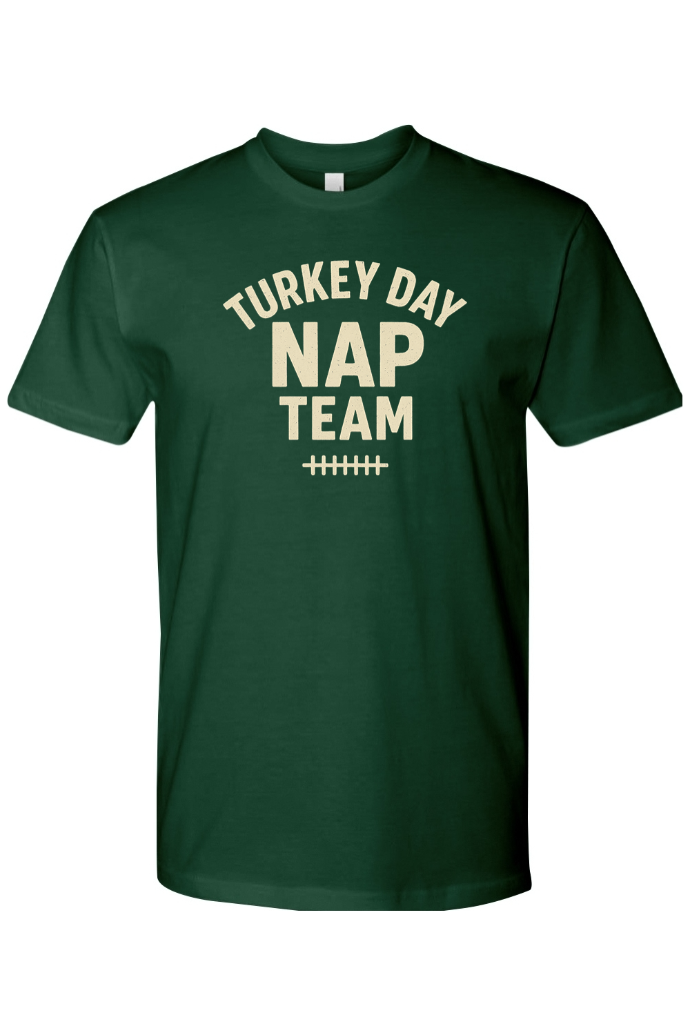 Dark green Thanksgiving t-shirt with "Turkey Day Nap Team" text with football laces design funny fall holiday short sleeve shirt