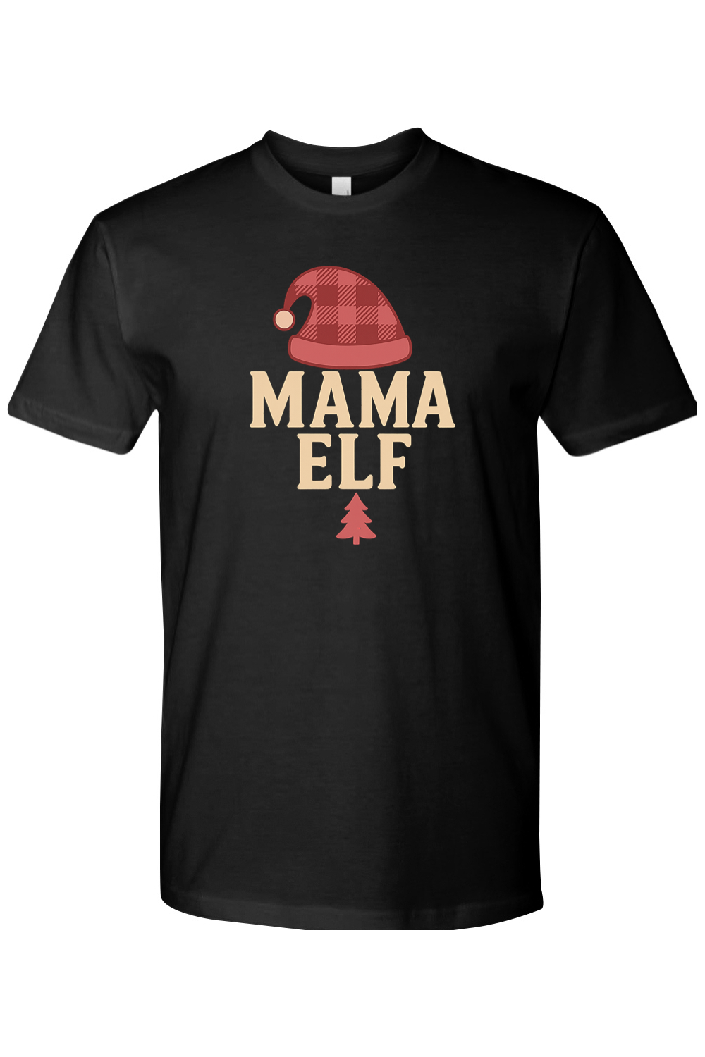 Black Christmas t-shirt with "Mama Elf" text and a plaid elf hat design and pine tree women's cute trendy holiday short sleeve shirt