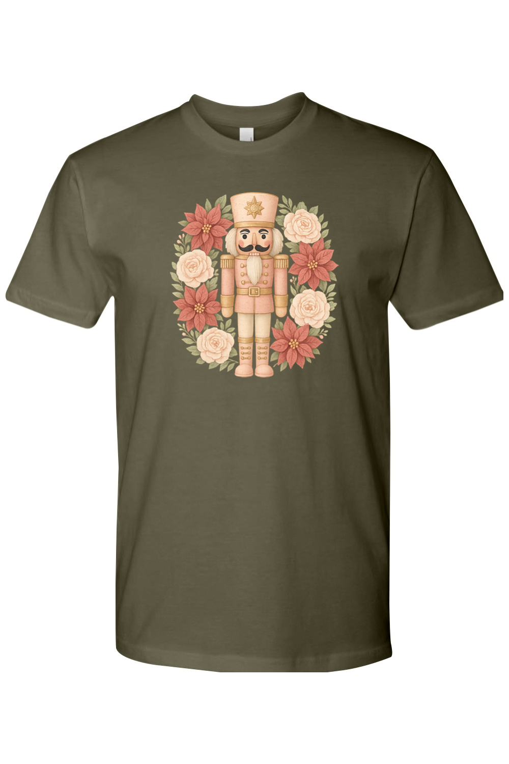 Olive green Christmas t-shirt with a poinsettia nutcracker wreath design trendy cute holiday short sleeve shirt