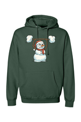 Green Christmas hoodie with a snowman lifting a snow barbell design funny gym humor festive holiday long sleeve hooded sweatshirt