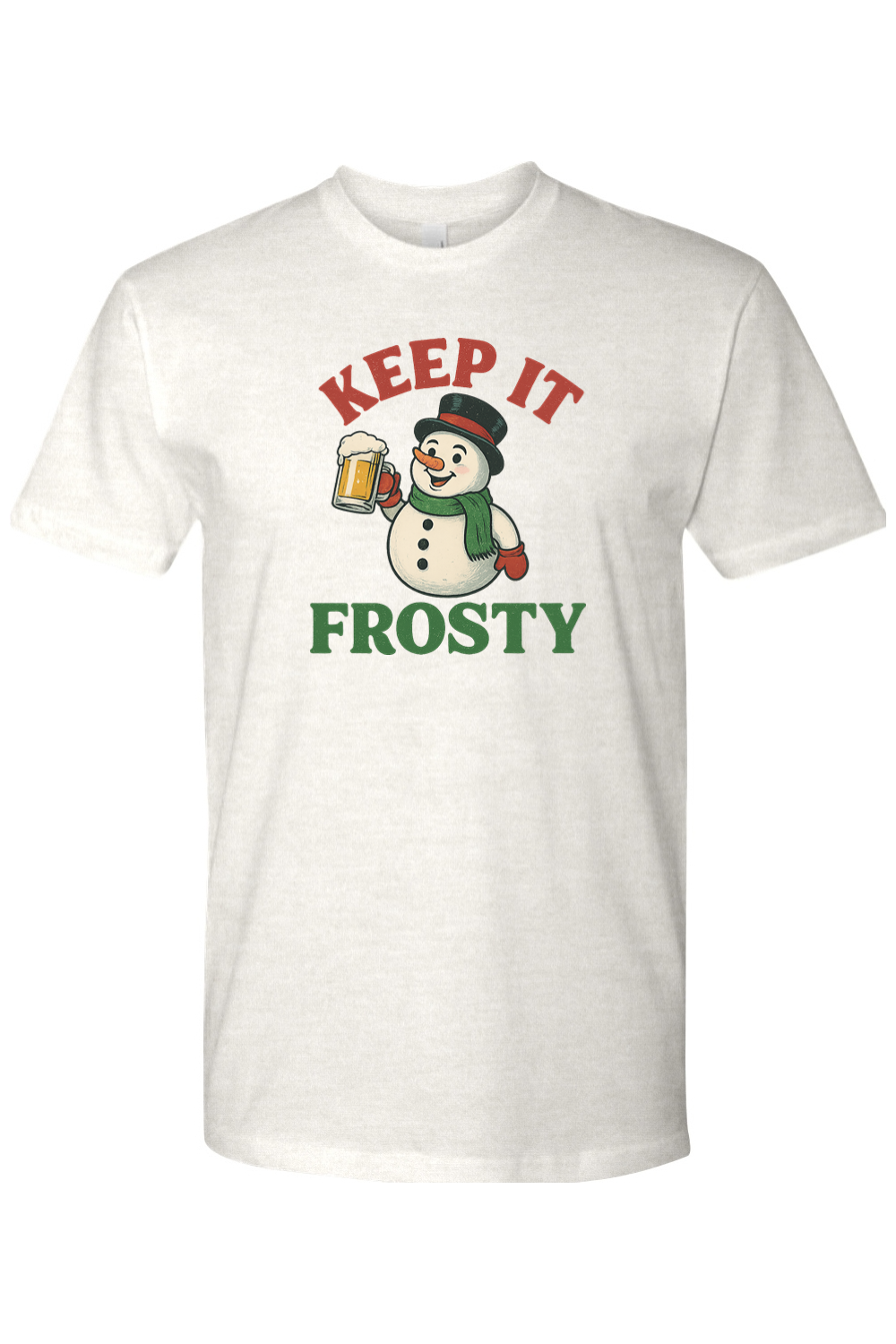Light cream Christmas T-shirt with "Keep It Frosty" text with a snowman holding a  beer mug funny holiday humor short sleeve shirt