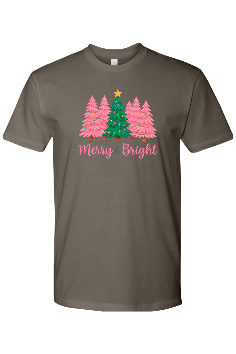Olive green Christmas t-shirt with pink and green Christmas trees design with text "Merry & Bright" cute trendy festive holiday short sleeve shirt